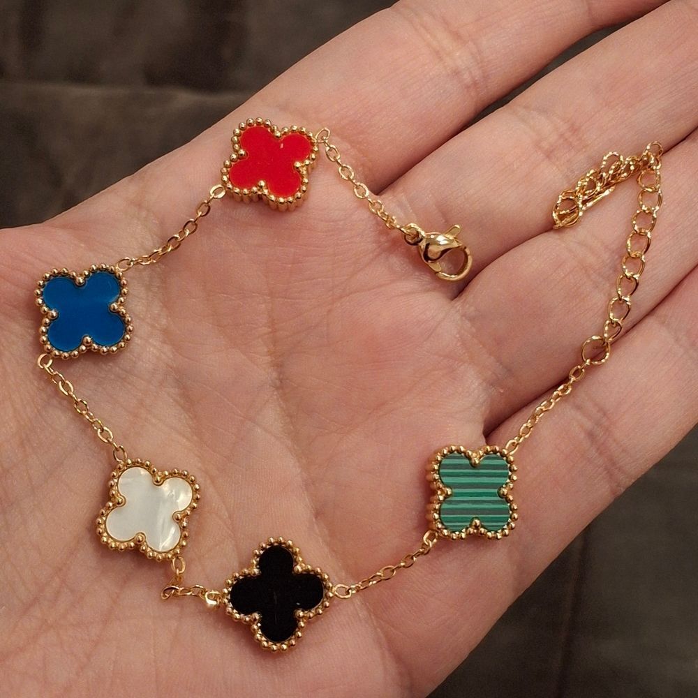 18K Gold Plated Multi Color Clover Bracelet Gold Chain 5 Motif